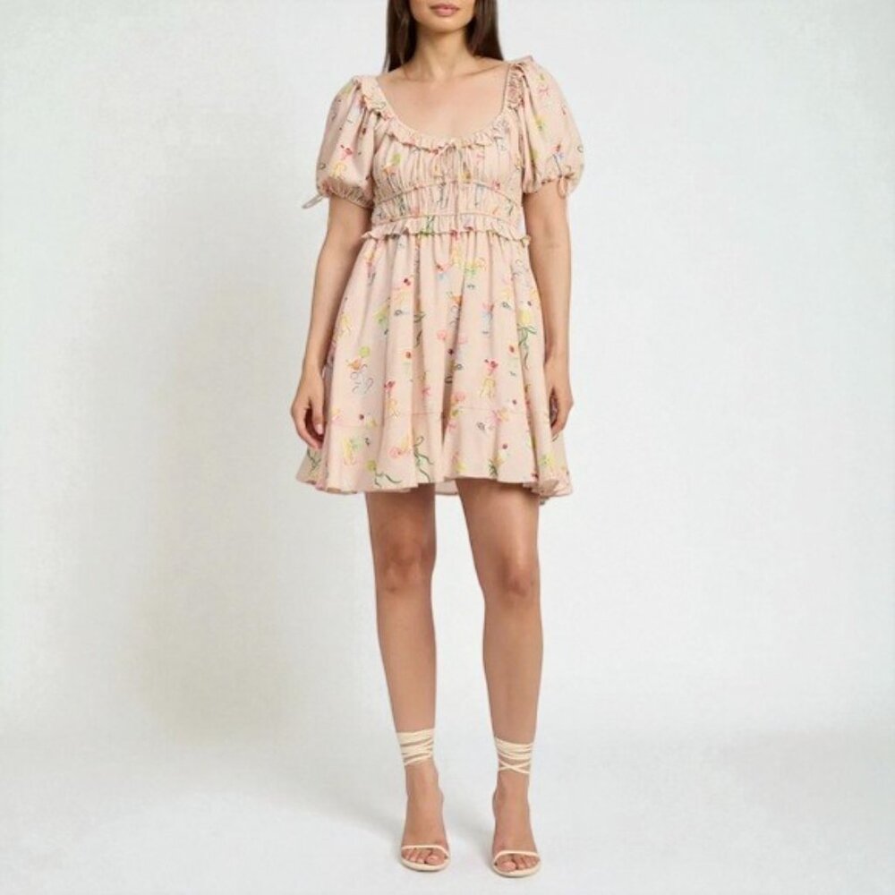 NWT En Saison Mia Ruffle Puff Sleeve Mini Dress Pink Multi - Picture 4 of 10